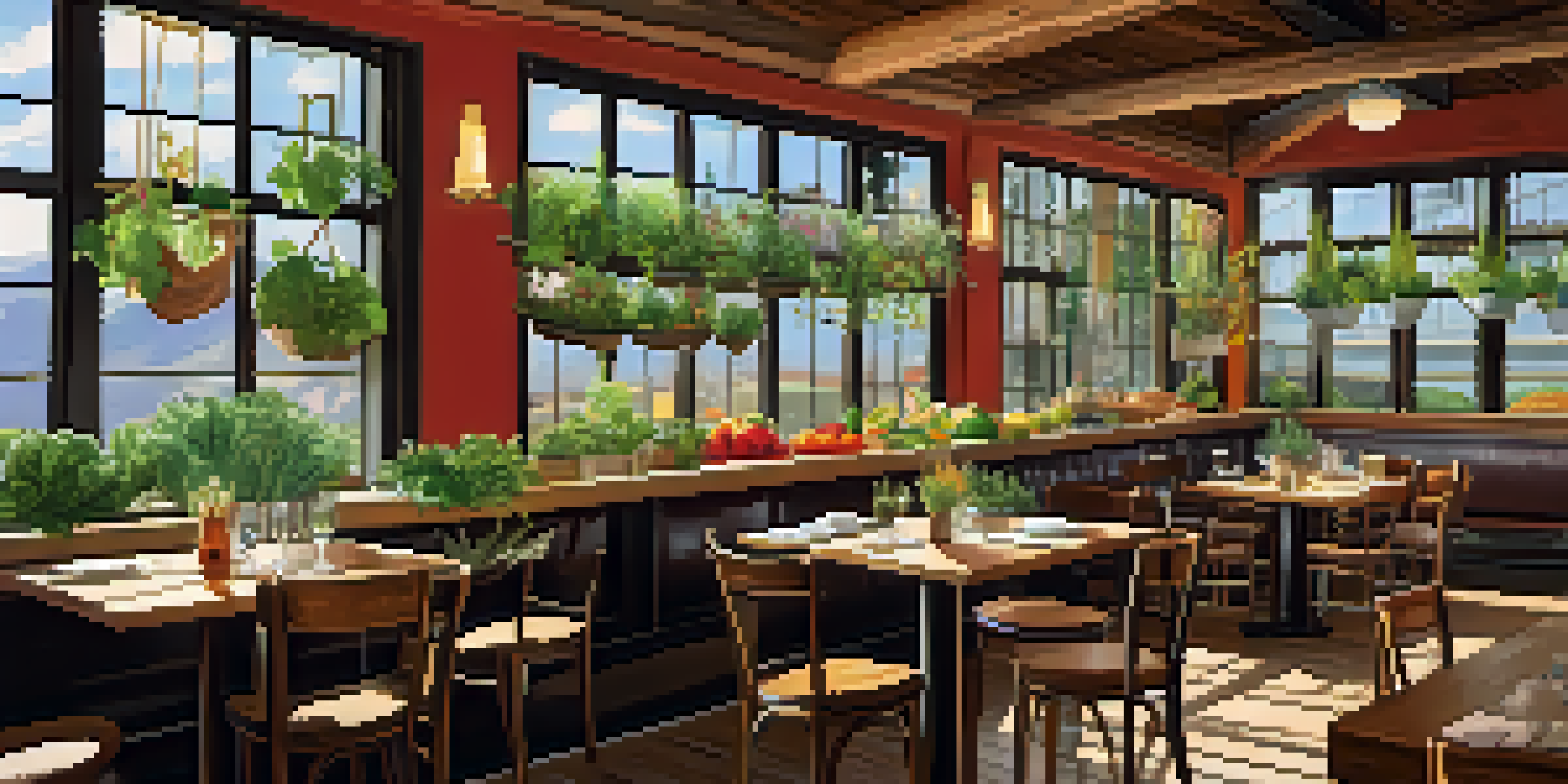 A cozy restaurant interior in Boulder with wooden tables and colorful vegetable dishes, sunlight pouring through large windows, and potted herbs decor.