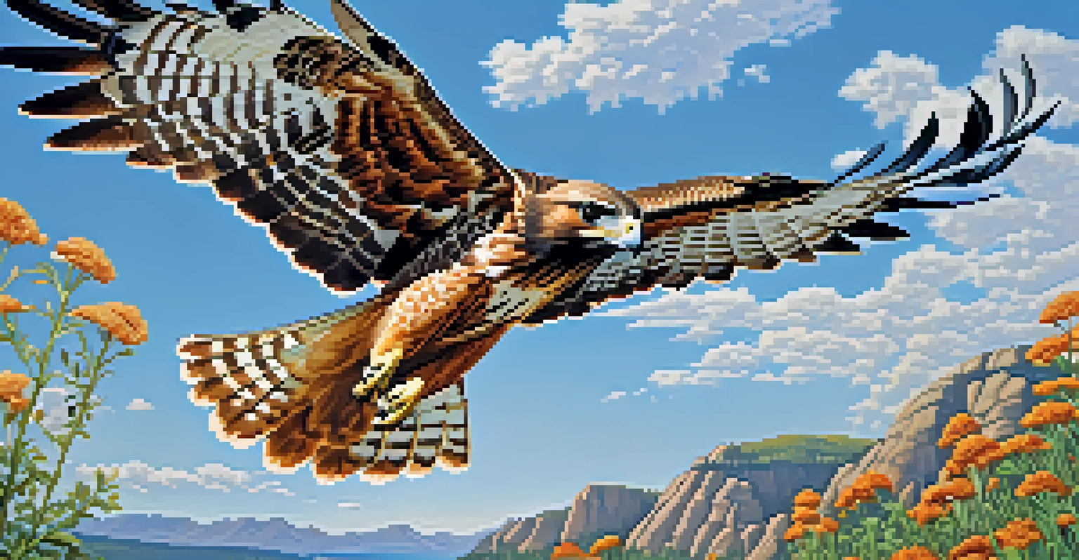 A close-up of a red-tailed hawk in flight against a blue sky, with the Flatirons rocky terrain below.
