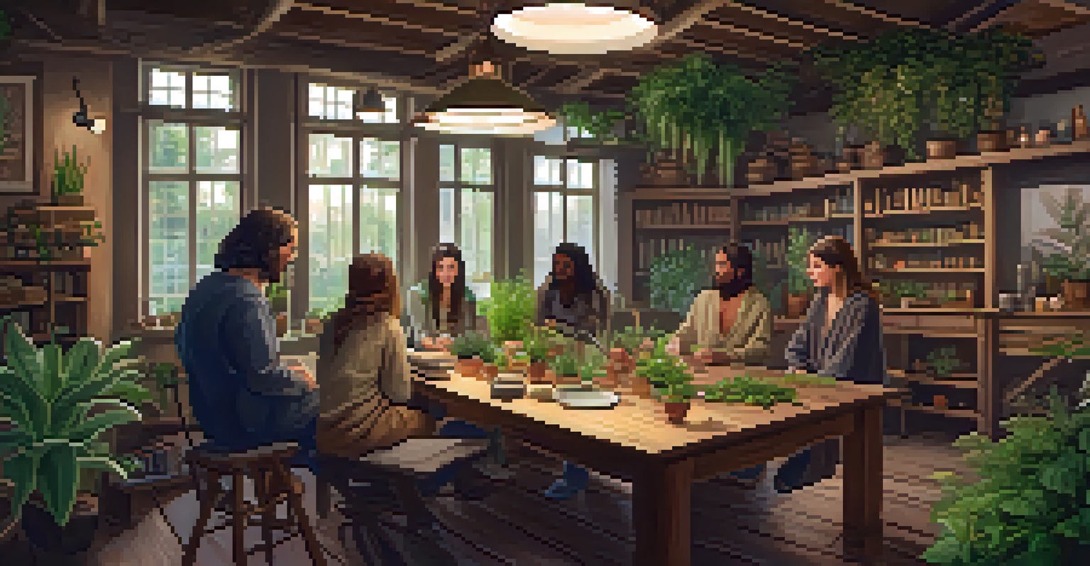 A diverse group of people participating in a workshop on herbalism, surrounded by plants and educational materials in a cozy indoor setting.