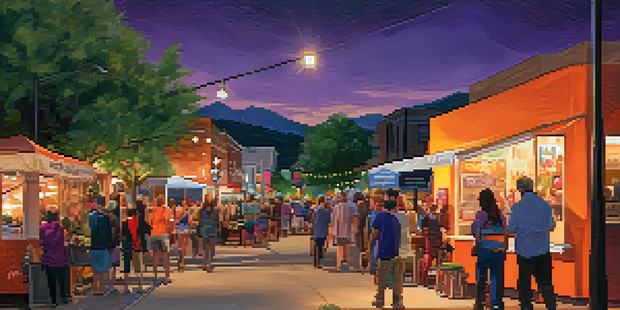 A bustling street filled with people enjoying Boulder's Art Walk, colorful art on display, food trucks, and musicians creating a festive atmosphere during sunset.