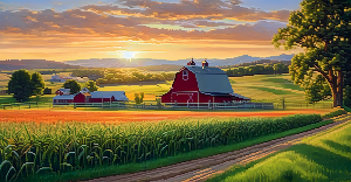 A scenic view of Boulder's agricultural fields at sunset, with farmers working among rows of crops, a homestead, and a red barn in the background.