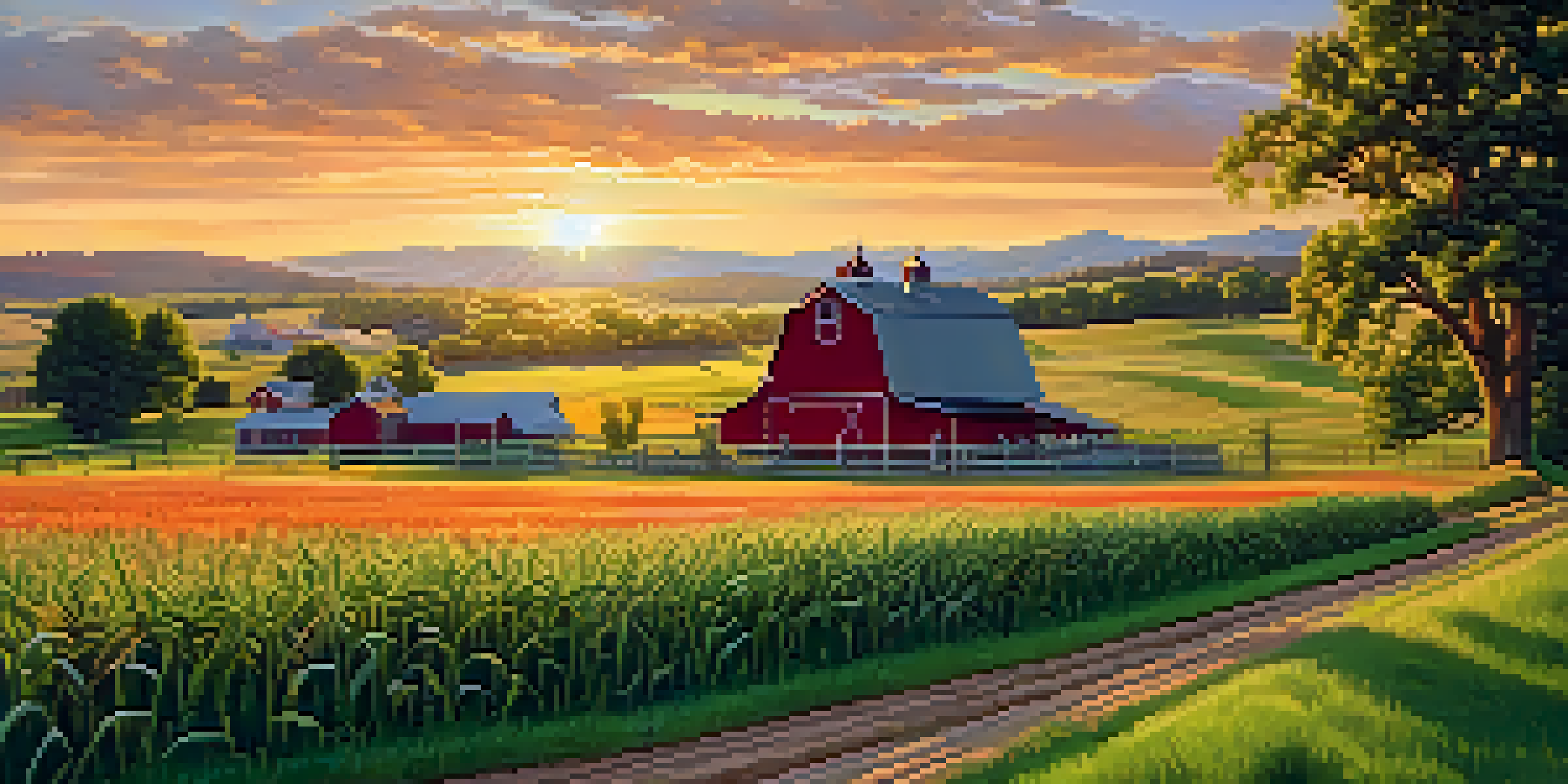 A scenic view of Boulder's agricultural fields at sunset, with farmers working among rows of crops, a homestead, and a red barn in the background.