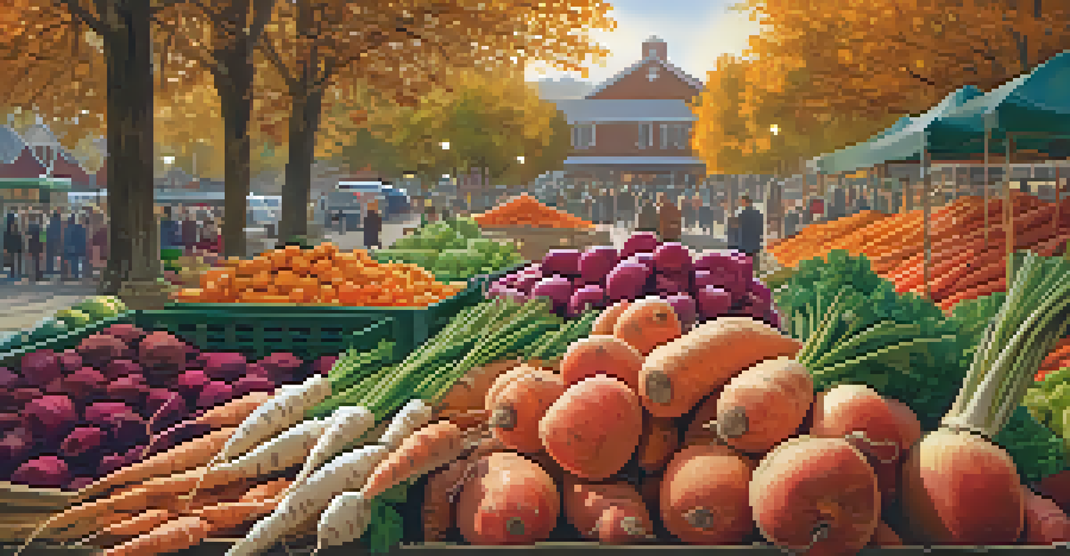 An inviting autumn farmers' market showcasing colorful root vegetables and apples amidst falling leaves and soft lighting.