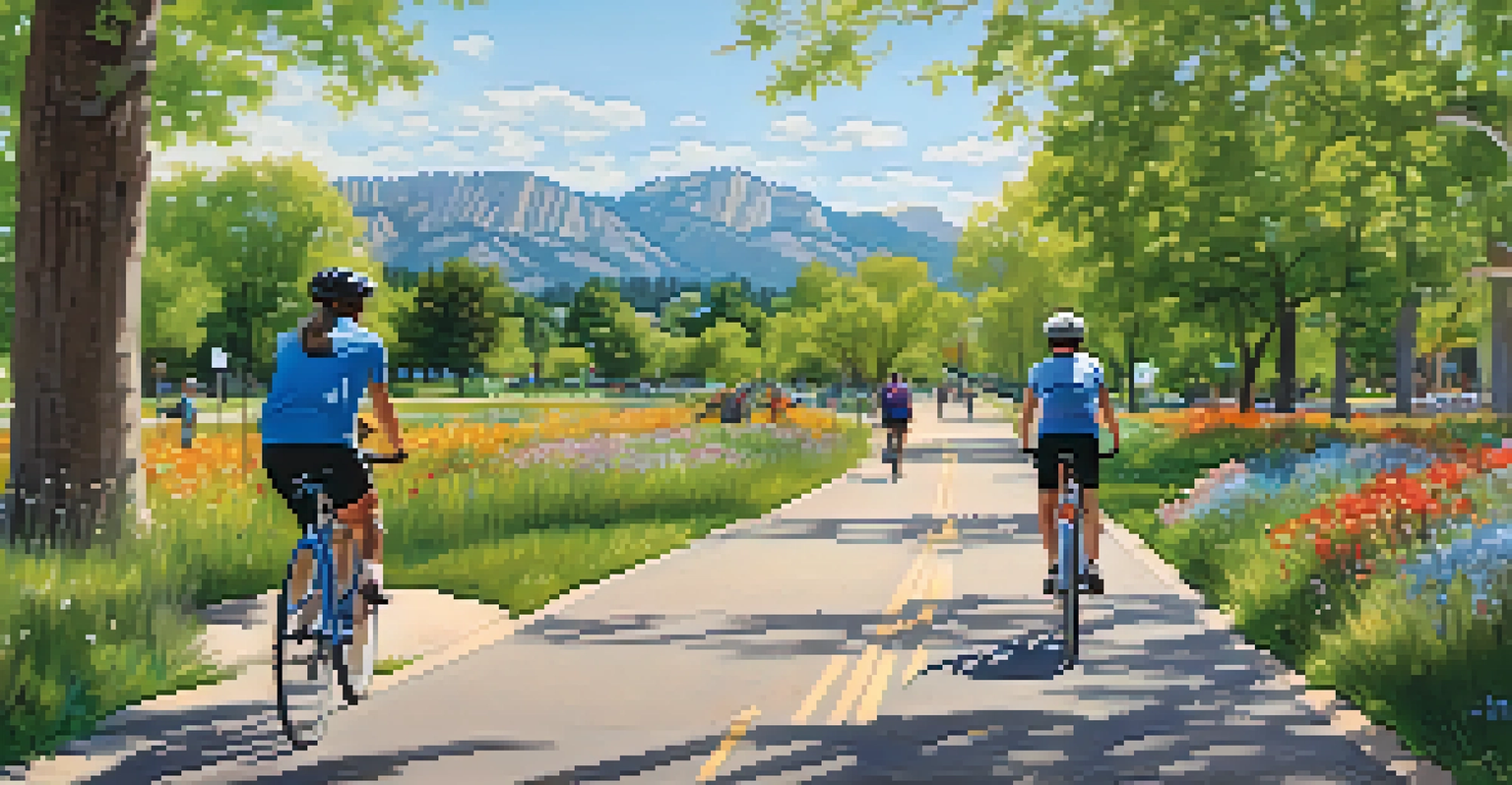 A scenic bike path in Boulder with cyclists riding through a park, surrounded by wildflowers and trees, under a clear blue sky.
