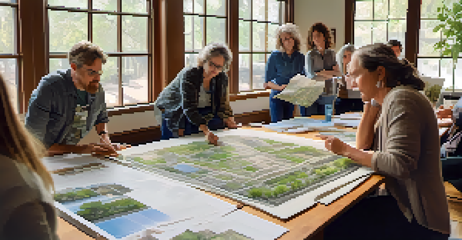 A community workshop with participants discussing historic preservation plans, surrounded by blueprints and historical photos.