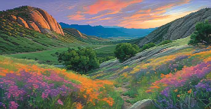 A panoramic view of Boulder, Colorado foothills at sunset with colorful skies and wildflowers in the foreground.