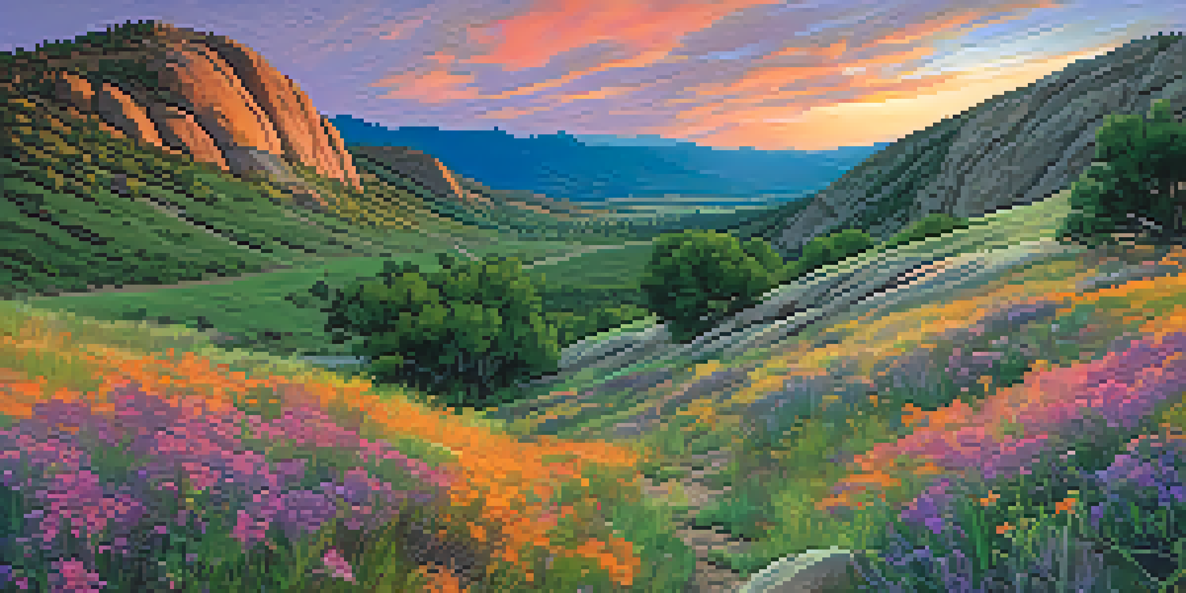 A panoramic view of Boulder, Colorado foothills at sunset with colorful skies and wildflowers in the foreground.