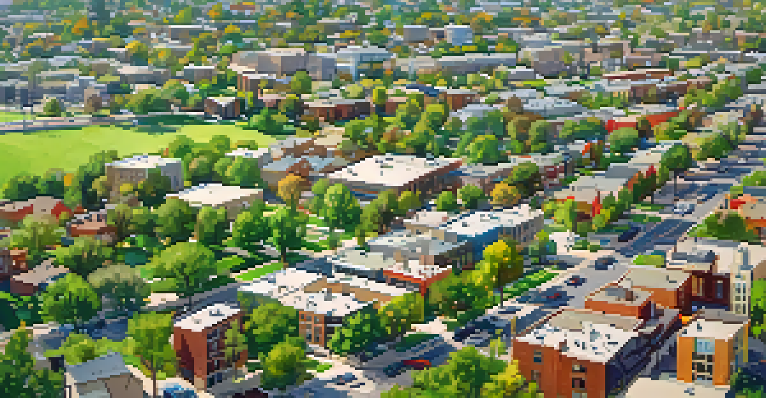 An aerial view of modern Boulder, Colorado, highlighting bike lanes and public transport in a sustainable urban environment.