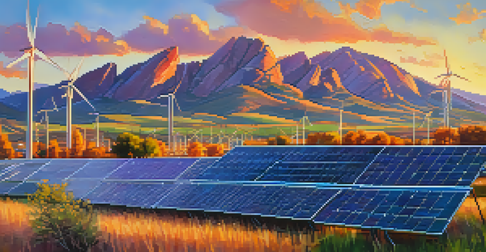 A scenic sunset view of Boulder, Colorado, with the Flatirons mountains, wind turbines, and solar panels in the foreground, surrounded by green fields.