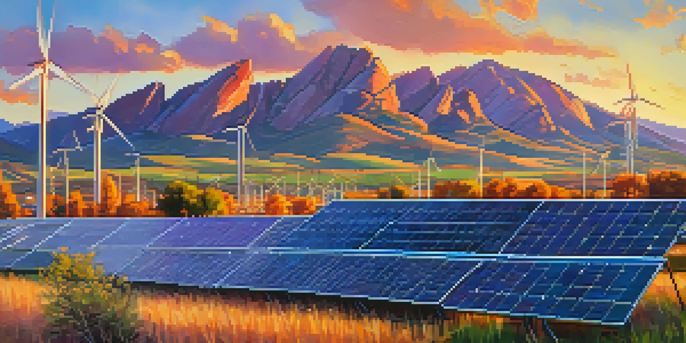 A scenic sunset view of Boulder, Colorado, with the Flatirons mountains, wind turbines, and solar panels in the foreground, surrounded by green fields.
