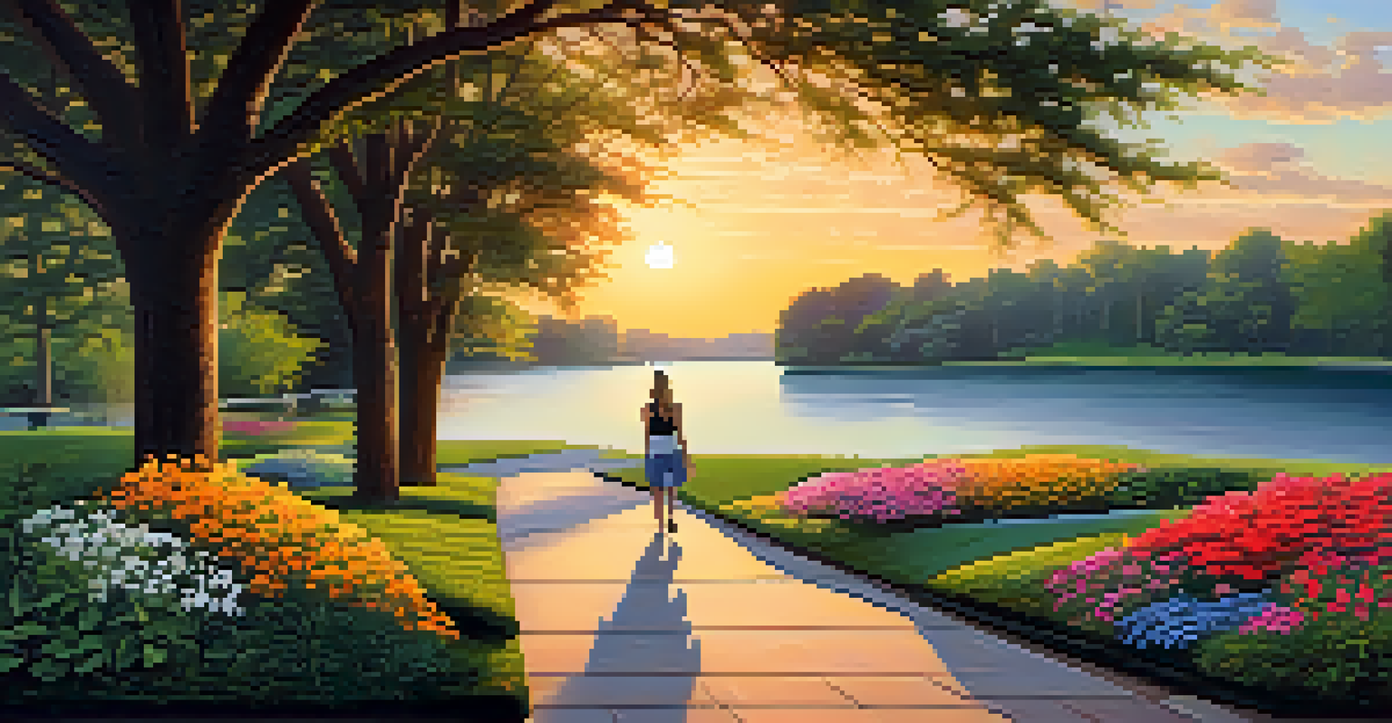 A person walking a dog by a serene lake in Wonderland Lake Park during sunset.