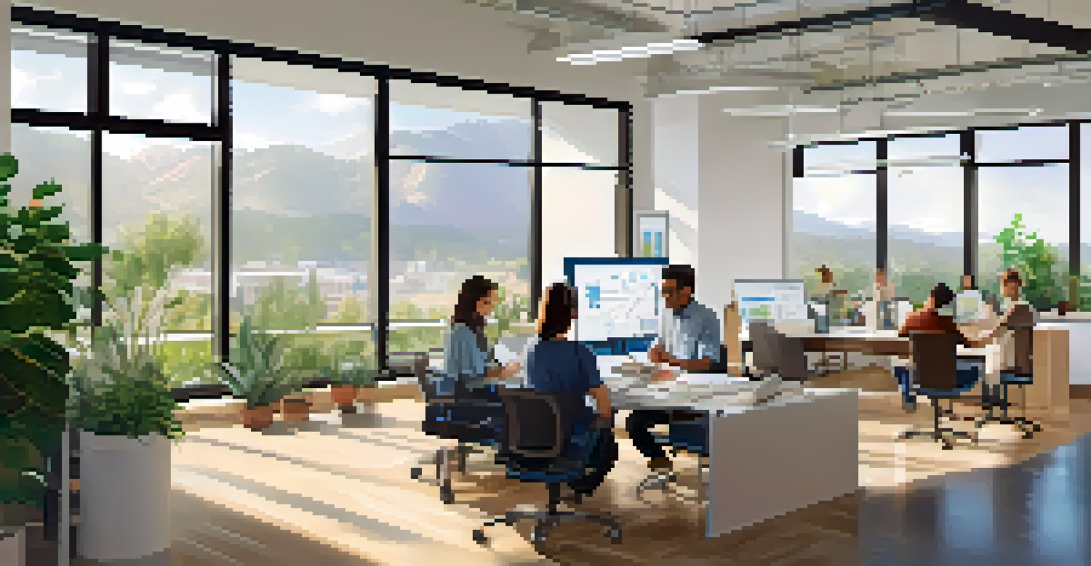 A diverse research team collaborating in a bright office, reviewing health data on a screen, with plants and natural light.