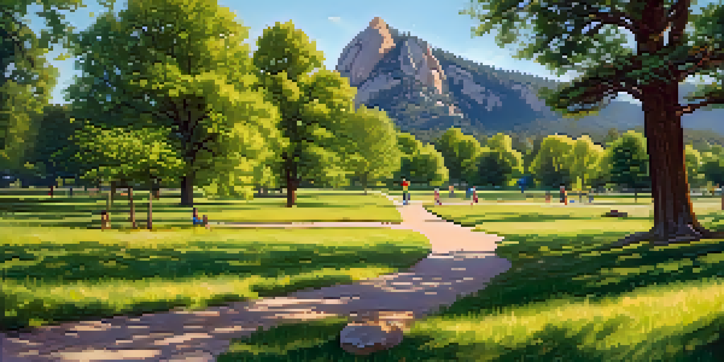 A peaceful park scene in Boulder, featuring green grass and the Flatirons mountains in the background, with families picnicking and children playing.