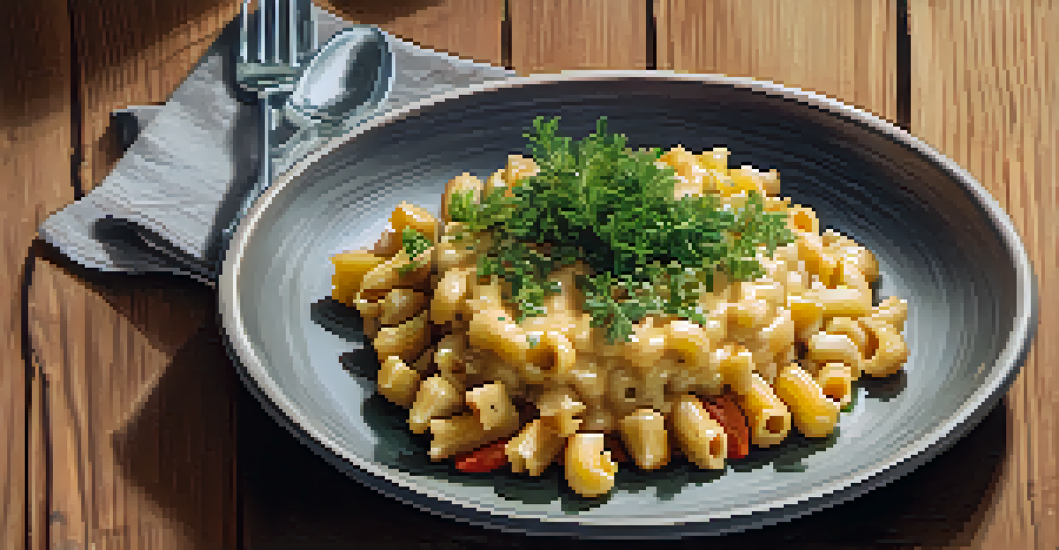 A close-up view of a plated vegan mac and cheese with herbs and roasted vegetables on a rustic wooden table, illuminated by natural light.