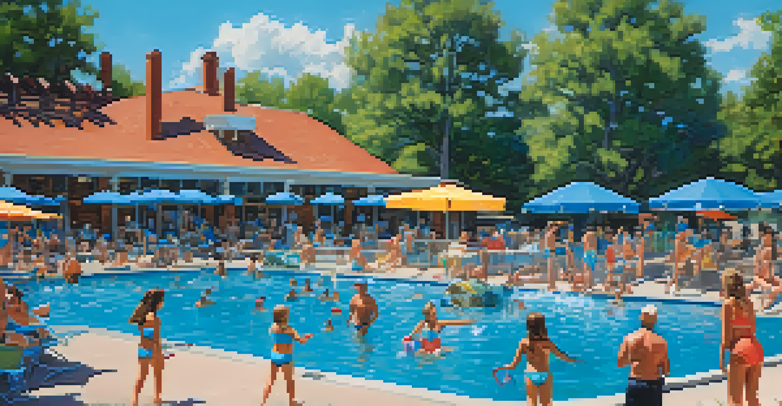 Families and friends having fun at a vibrant hot spring pool, with blue water and sunny skies.