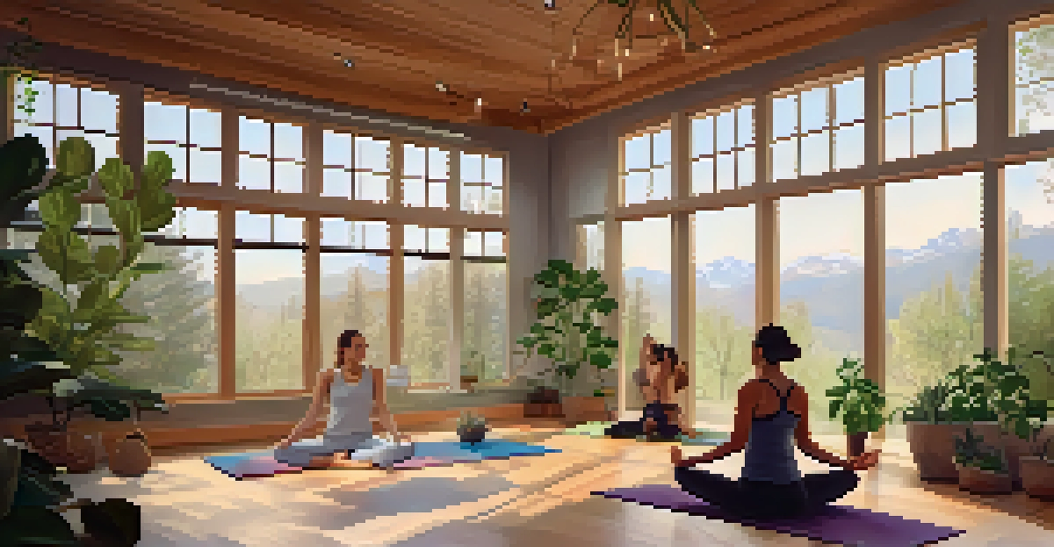 Participants practicing yoga in a bright indoor studio filled with plants and natural light.