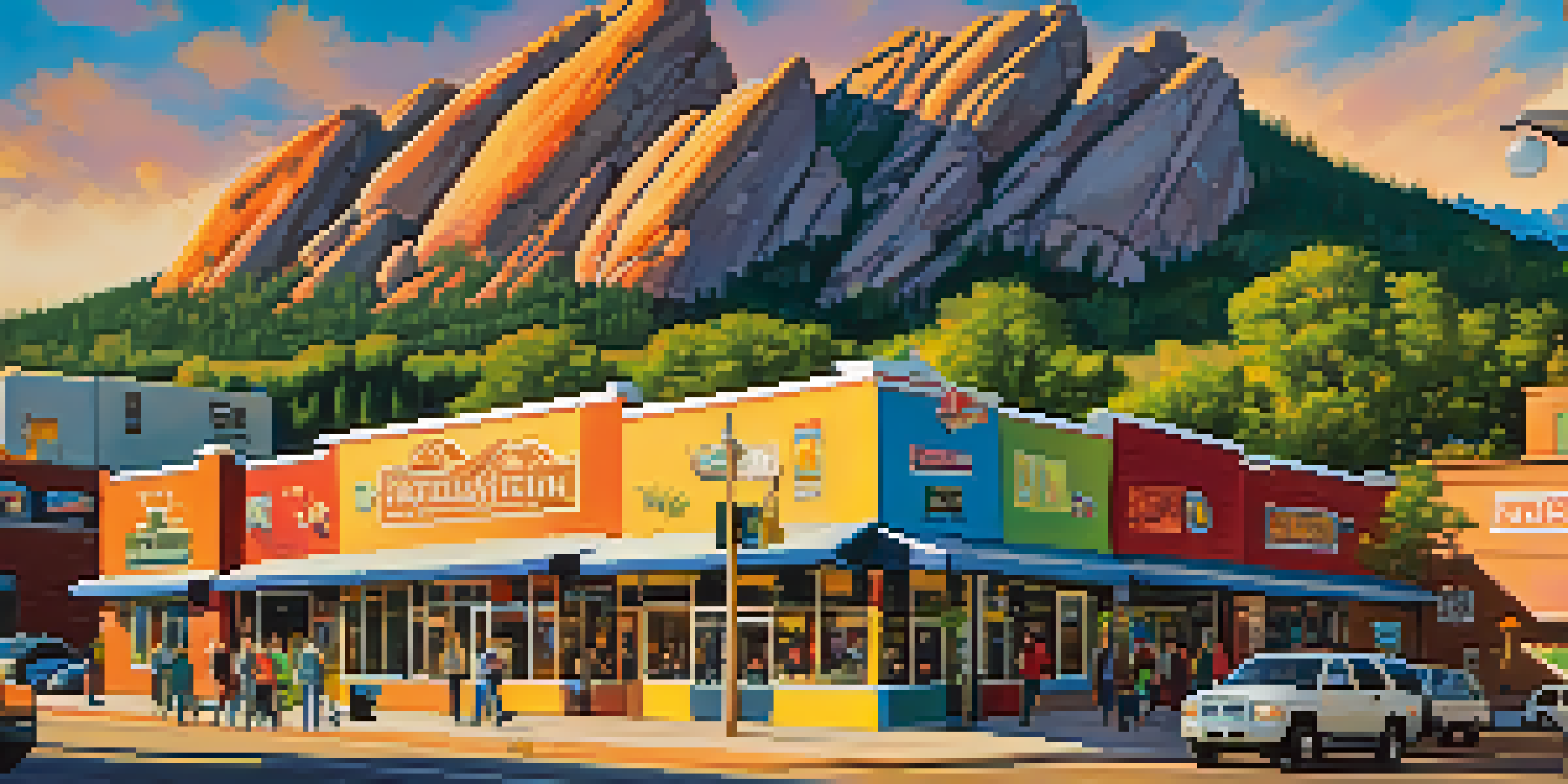 A colorful mural of Boulder's Flatirons and wildlife, with people interacting around it in warm sunlight.