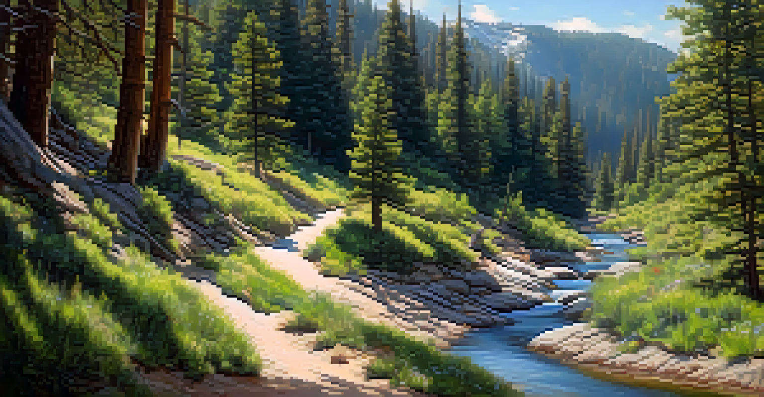 A peaceful view of Lefthand Canyon with a winding trail, creek, and a family having a picnic.