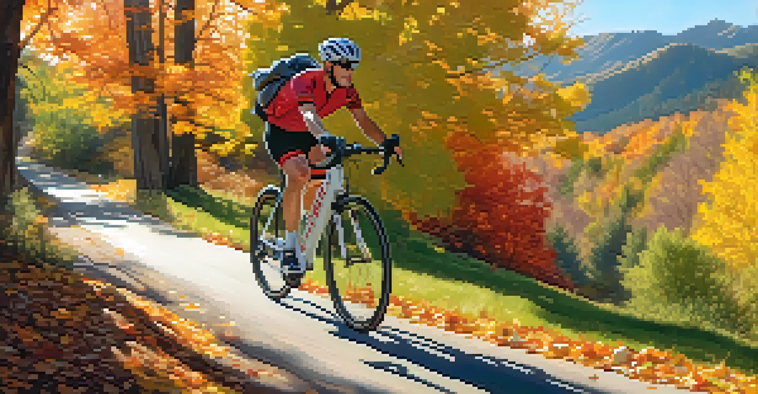 A cyclist riding along a scenic path by Boulder Creek, surrounded by vibrant autumn leaves and sunlight filtering through the trees.