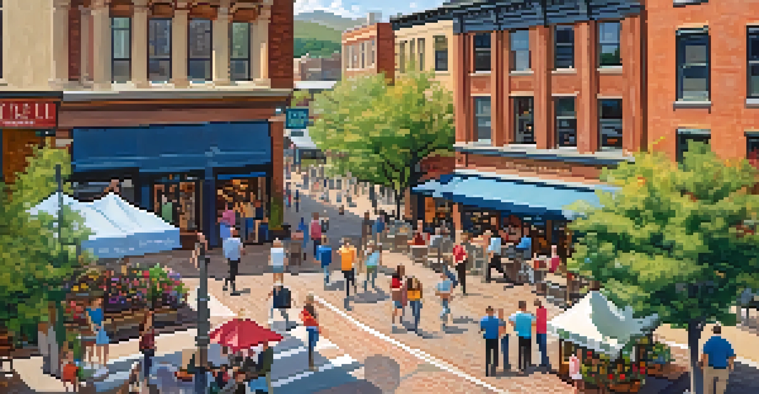 A vibrant aerial view of the Historic Pearl Street Mall filled with people, shops, and street performers, showcasing a lively atmosphere.