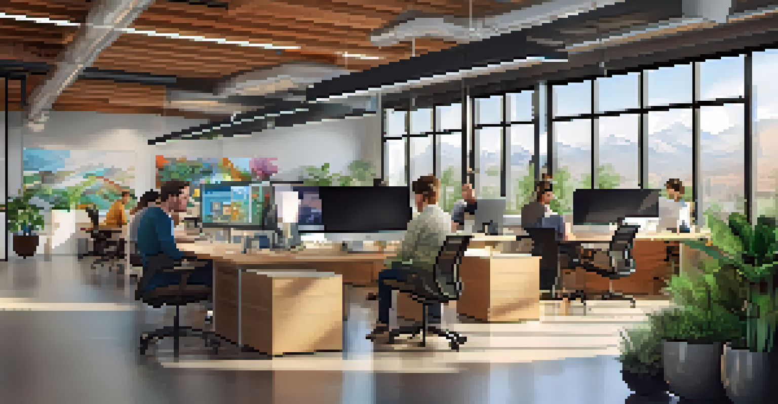 A bright and modern tech startup office in Boulder with professionals collaborating around a large table, surrounded by natural light and greenery.