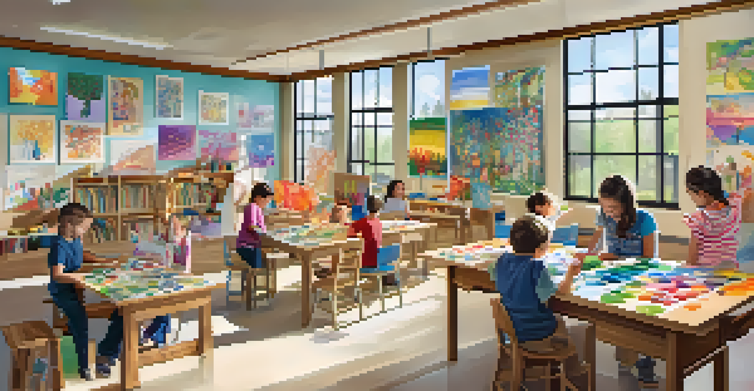 Kids participating in an arts and crafts workshop, painting and creating colorful crafts in a bright library space.