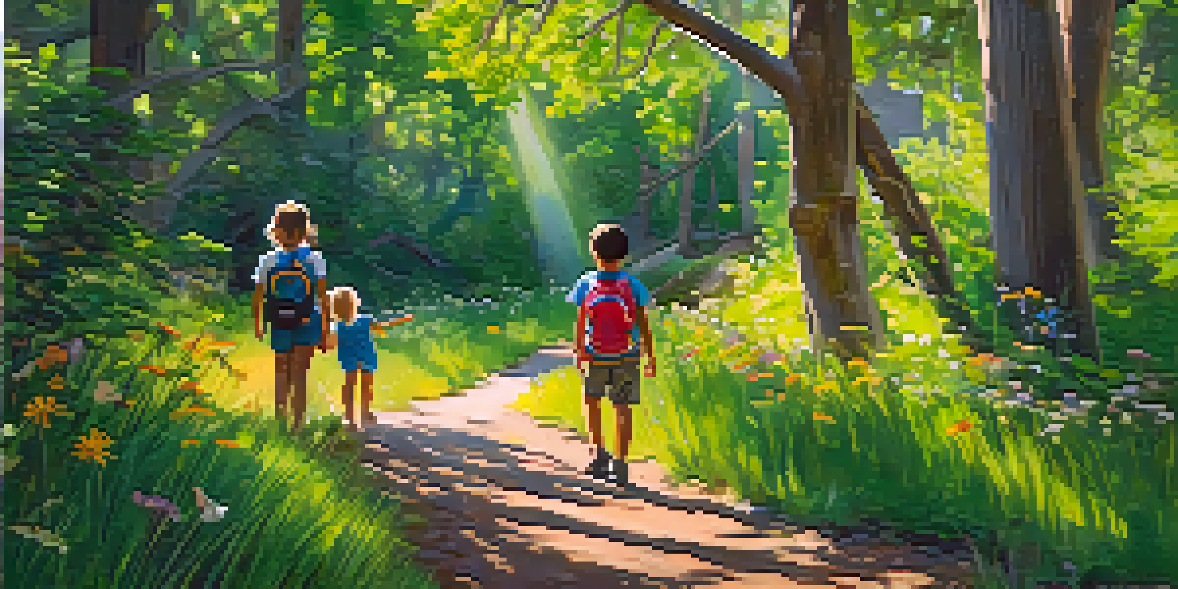 Children of various ethnicities engaging in a nature hike, surrounded by trees and wildflowers, with sunlight creating patterns on the ground.