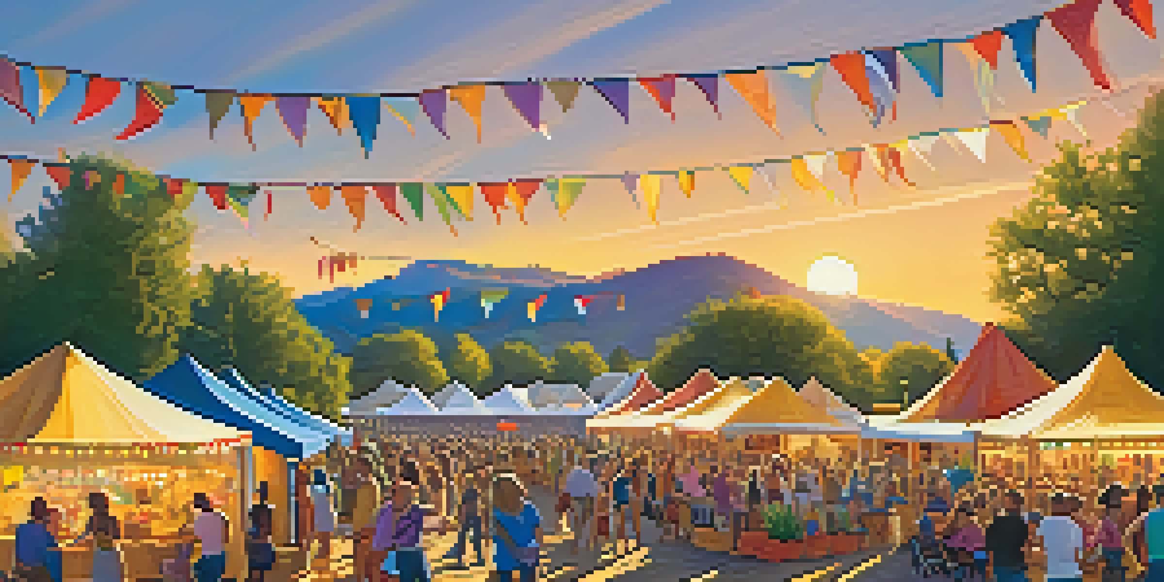 A lively outdoor festival scene at Boulder Creek with people dancing, colorful tents, and a beautiful sunset in the background.