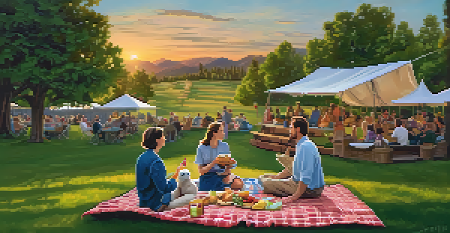 A family enjoying a picnic on a blanket with snacks in a scenic outdoor theater setting before a performance.