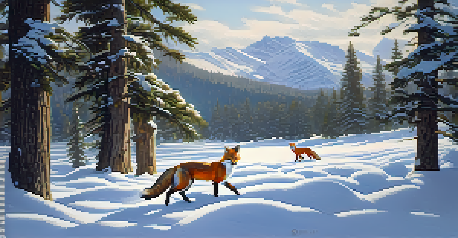 Two foxes playing in the snow at Heil Valley Ranch with evergreen trees in the background.