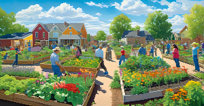 A lively community garden with residents working together, planting vegetables and flowers under a clear blue sky.