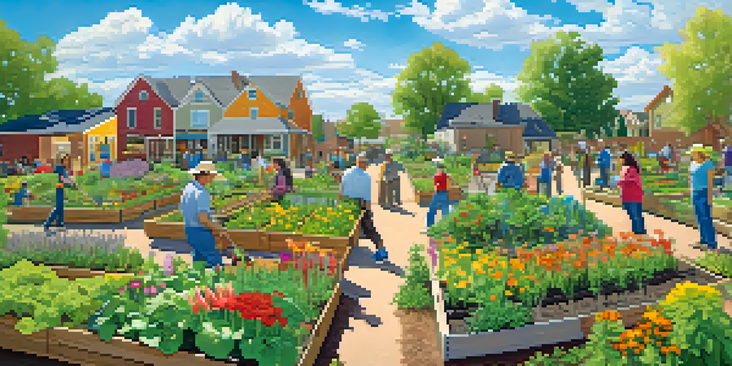 A lively community garden with residents working together, planting vegetables and flowers under a clear blue sky.