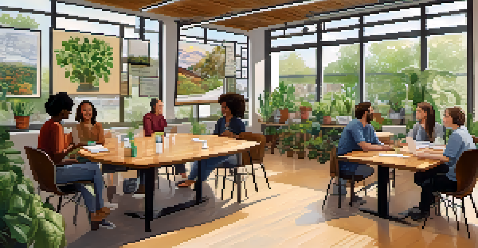A cooperative meeting space with community members discussing sustainable practices, surrounded by plants and natural light.