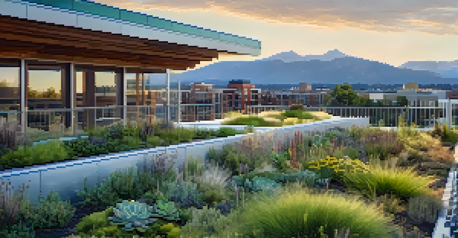 Close-up of a green roof on a modern building in Boulder, showcasing plants and solar panels with the city skyline in the background.