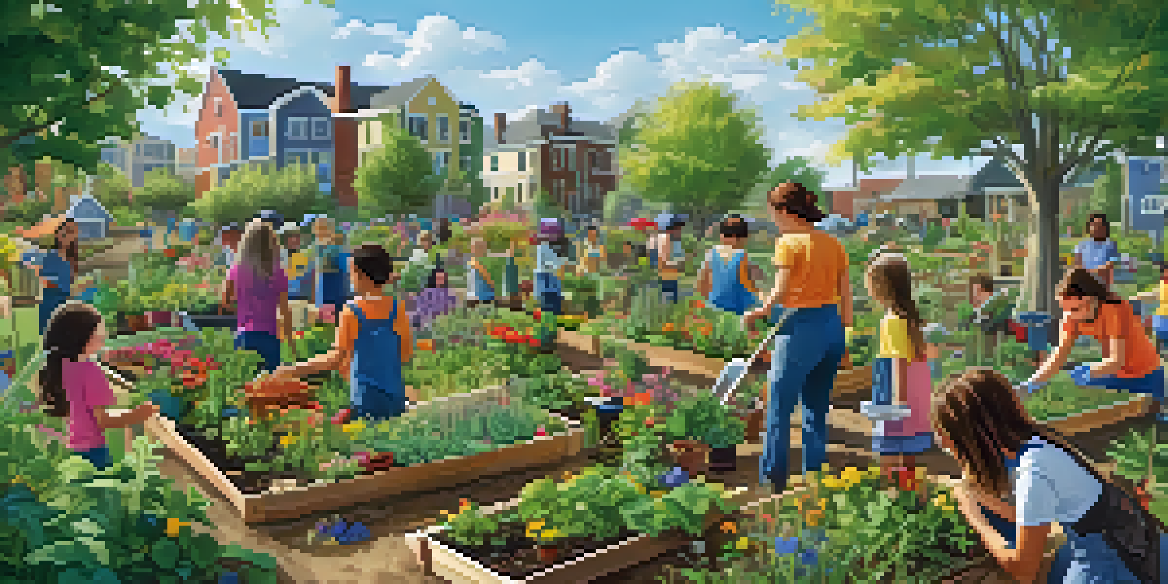 A lively community garden with volunteers planting seedlings, surrounded by various plants and flowers under a sunny blue sky.