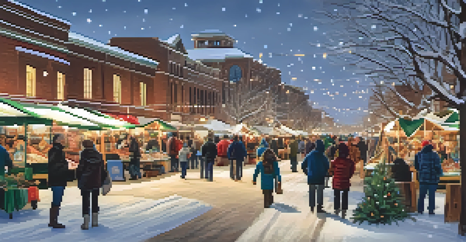 An artisan market filled with handmade goods and crafts at a winter festival, with families browsing stalls decorated with holiday lights.