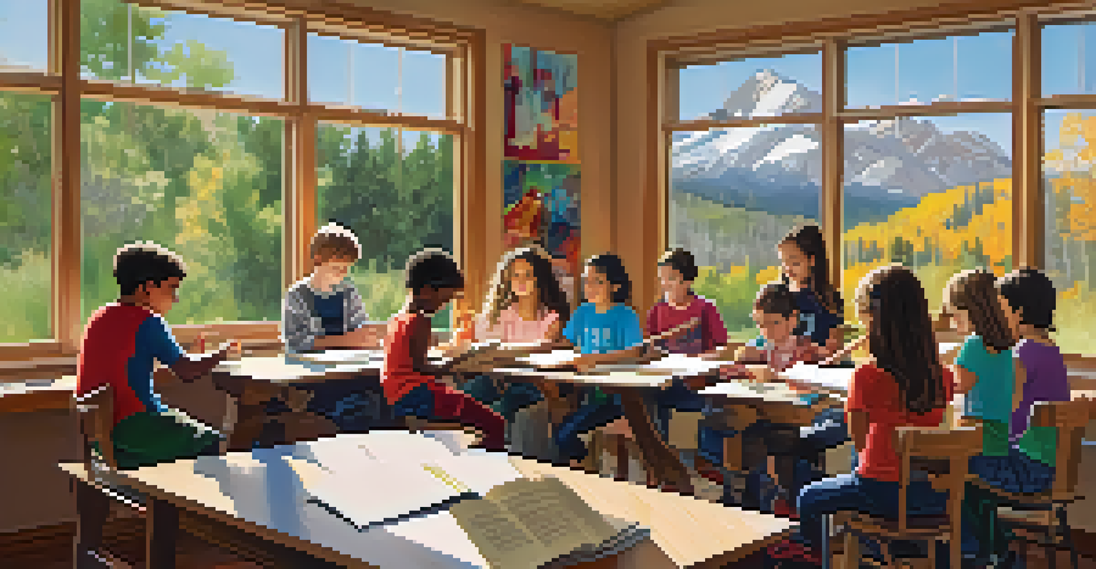 Students of various ages collaborating on music composition in a bright and colorful workshop at a Boulder music school.