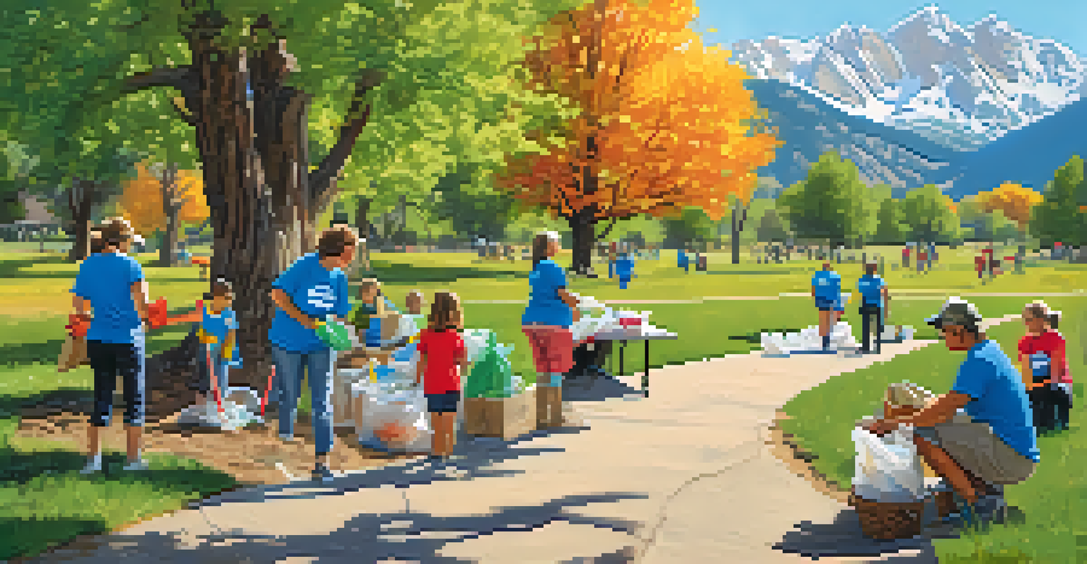Volunteers of various ages participating in a community clean-up at a park in Boulder, surrounded by mountains.