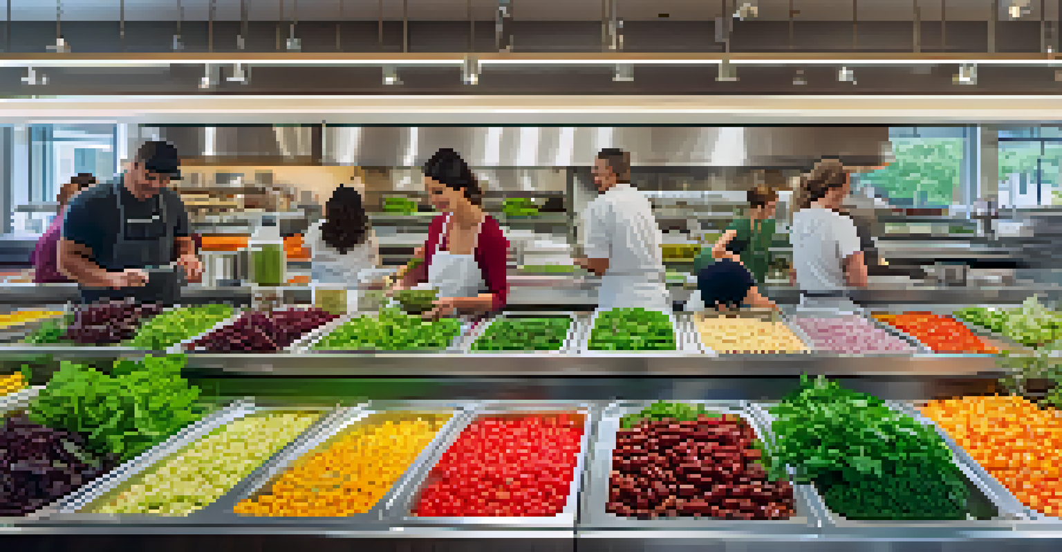 A salad bar with fresh greens and colorful toppings, customers customizing salads, and natural light illuminating the scene.