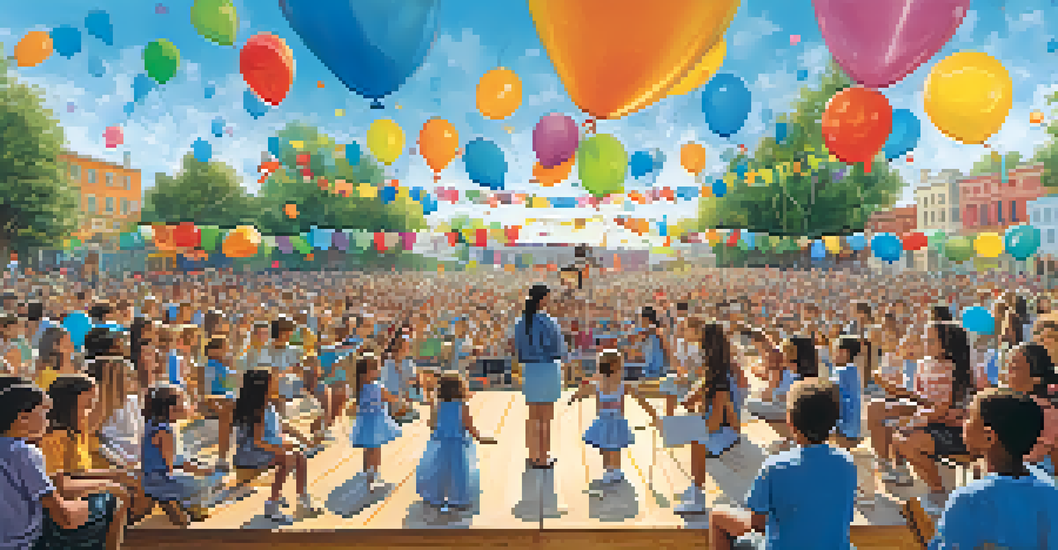 Children performing on stage at a community music event, with parents and community members enjoying the lively atmosphere.