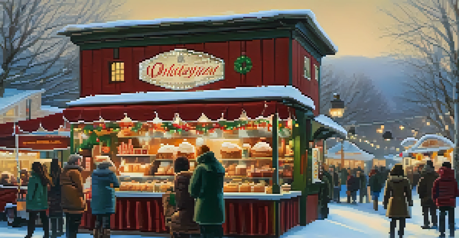 A warm beverage stall at a winter festival serving hot cocoa and cookies, with festive lights in the background.
