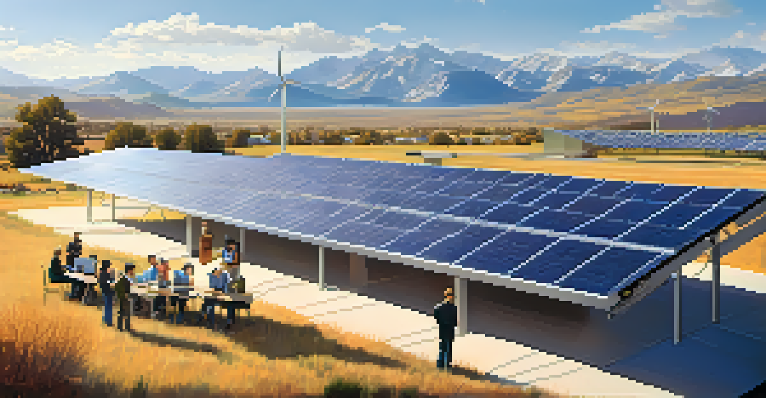 Engineers discussing solar technology in front of solar panels under bright sunlight, with the Rocky Mountains in the background.
