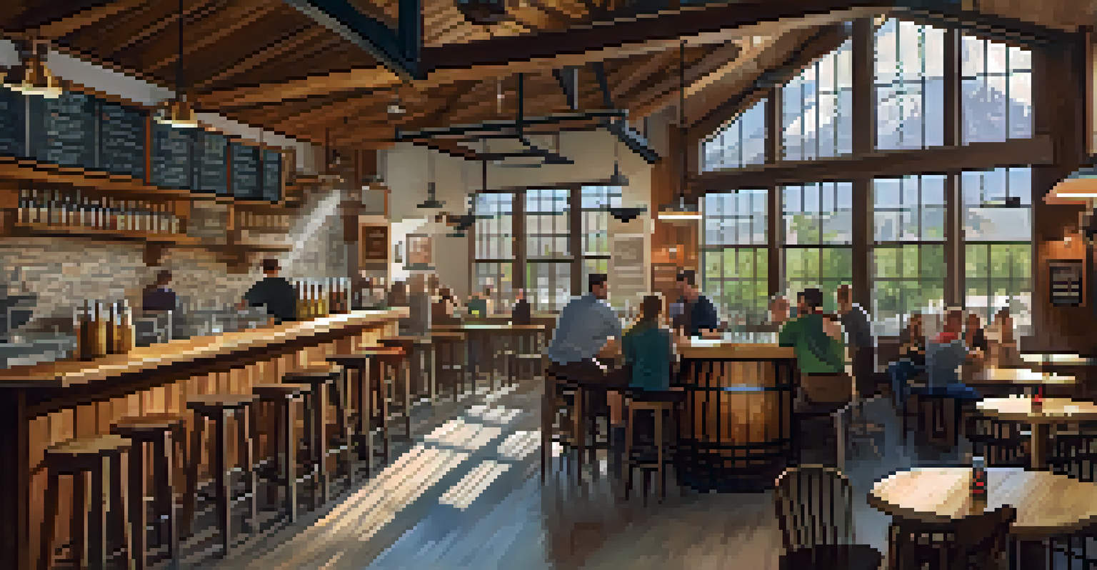 Interior of a Boulder brewery with wooden barrels, patrons enjoying beers, and sunlight streaming through windows.