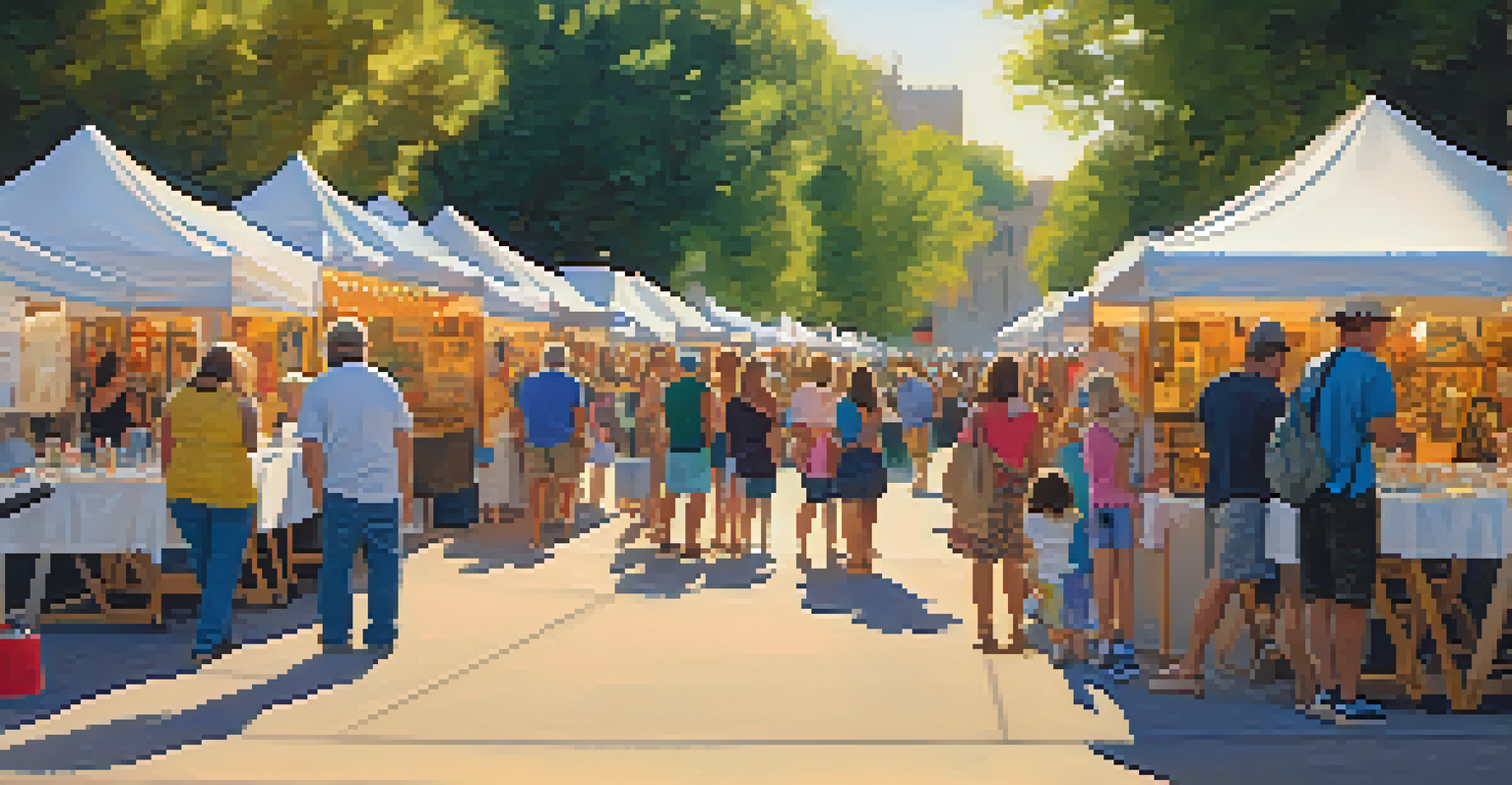An art festival scene in Boulder with artists displaying their work, families interacting, and a festive atmosphere under a sunset sky.