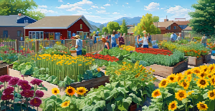 A community garden in Boulder, CO, with diverse people gardening among blooming vegetables and herbs under a clear sky.