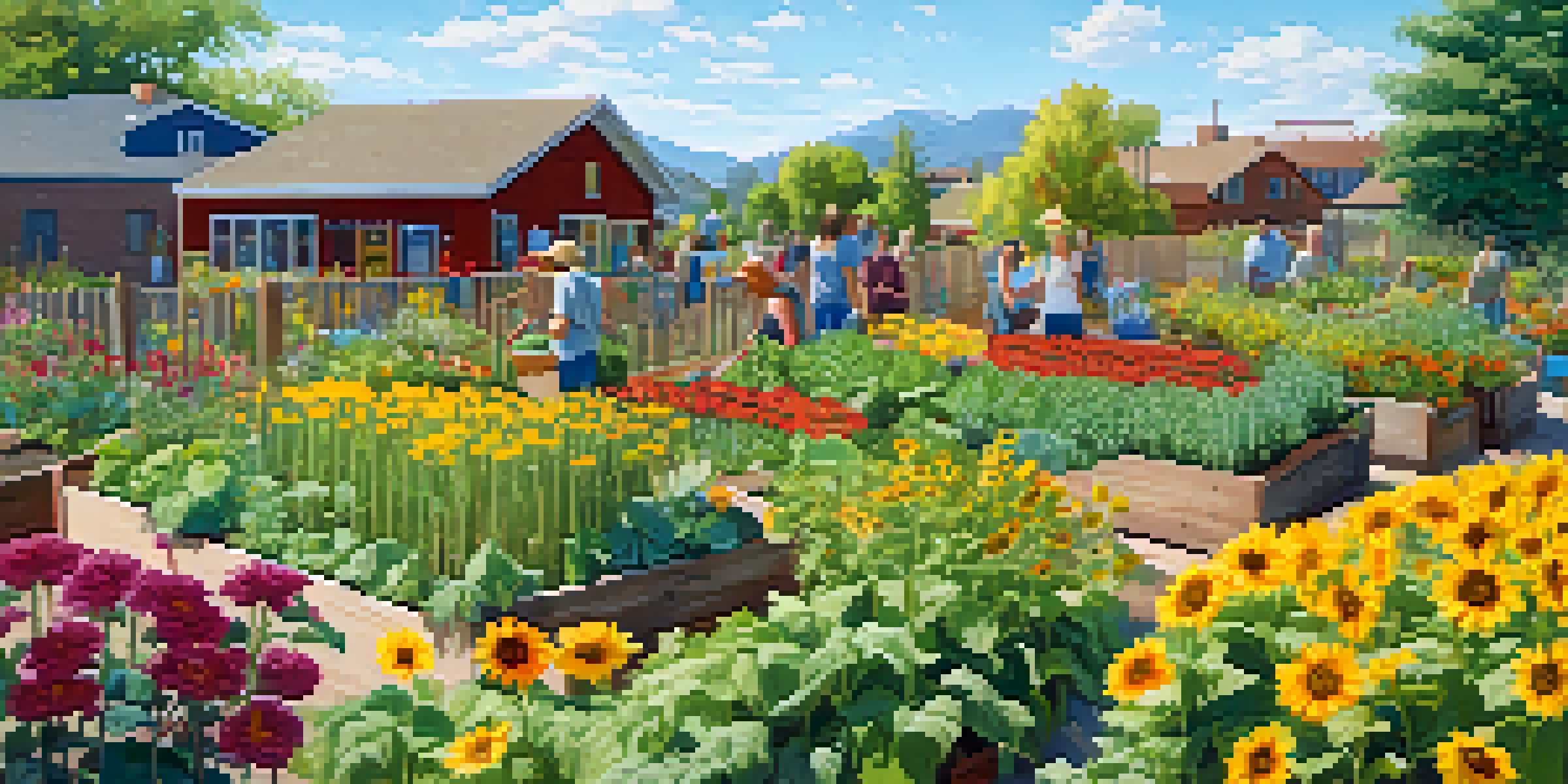A community garden in Boulder, CO, with diverse people gardening among blooming vegetables and herbs under a clear sky.