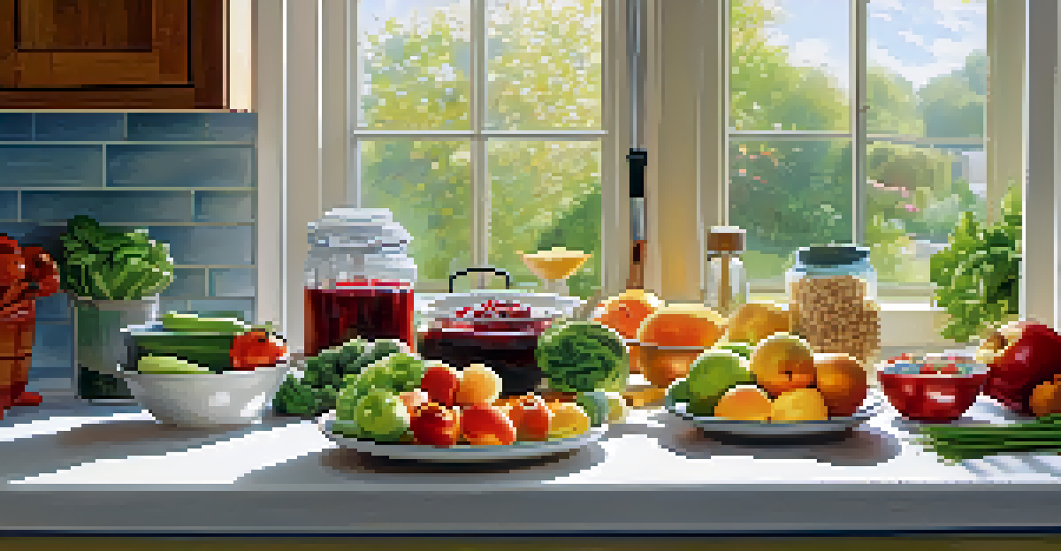 A bright kitchen counter filled with fresh ingredients for a healthy meal, including fruits, vegetables, and grains, with soft light from a window.