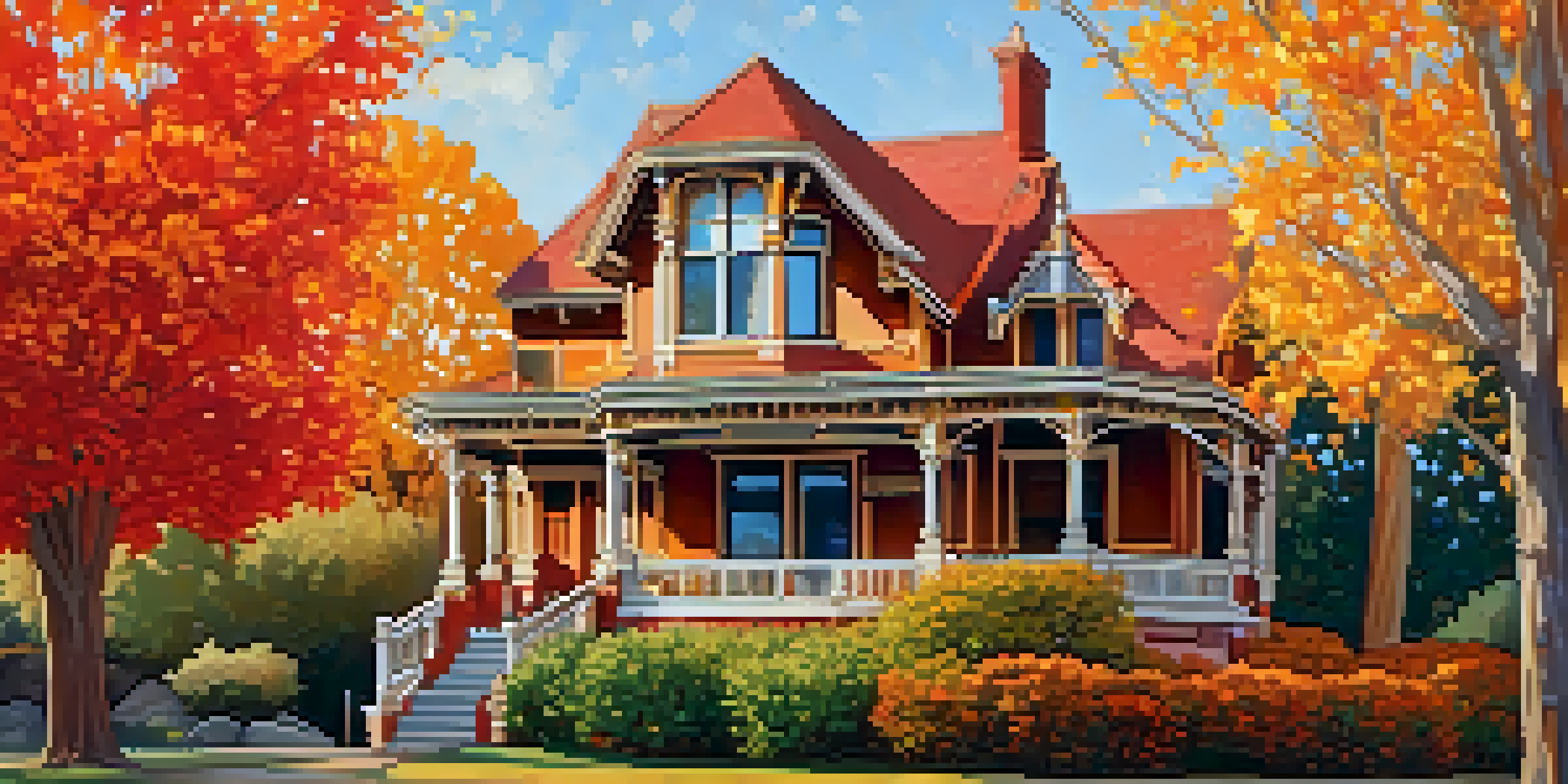 A historic Victorian home in Boulder, Colorado, surrounded by colorful autumn leaves and mountains in the background.