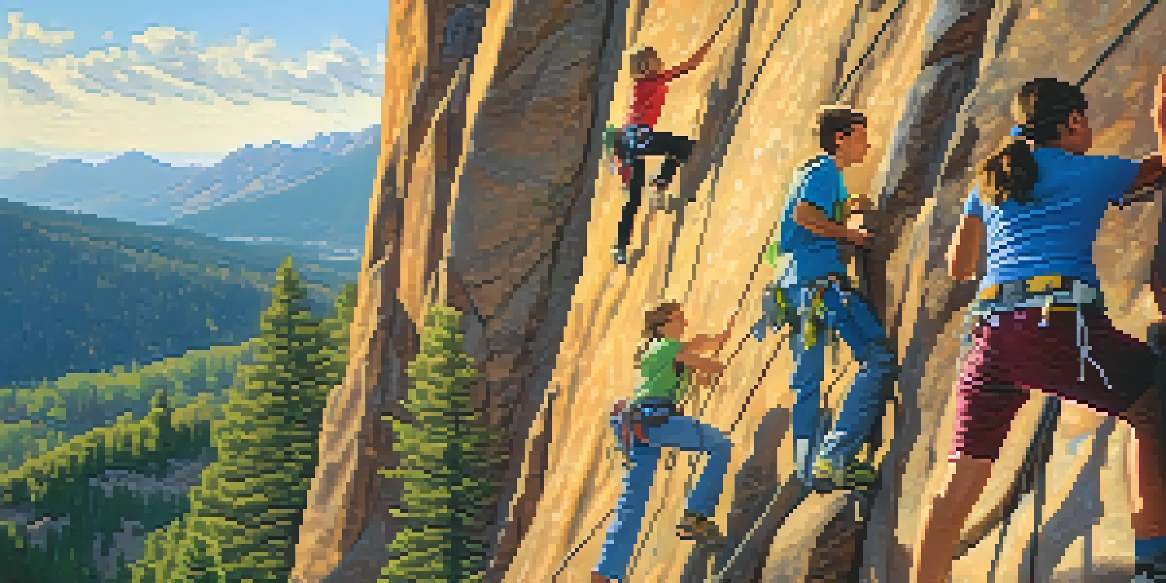 A group of diverse teenagers rock climbing on a steep cliff with the Flatirons in the background, showcasing teamwork in a sunny outdoor setting.