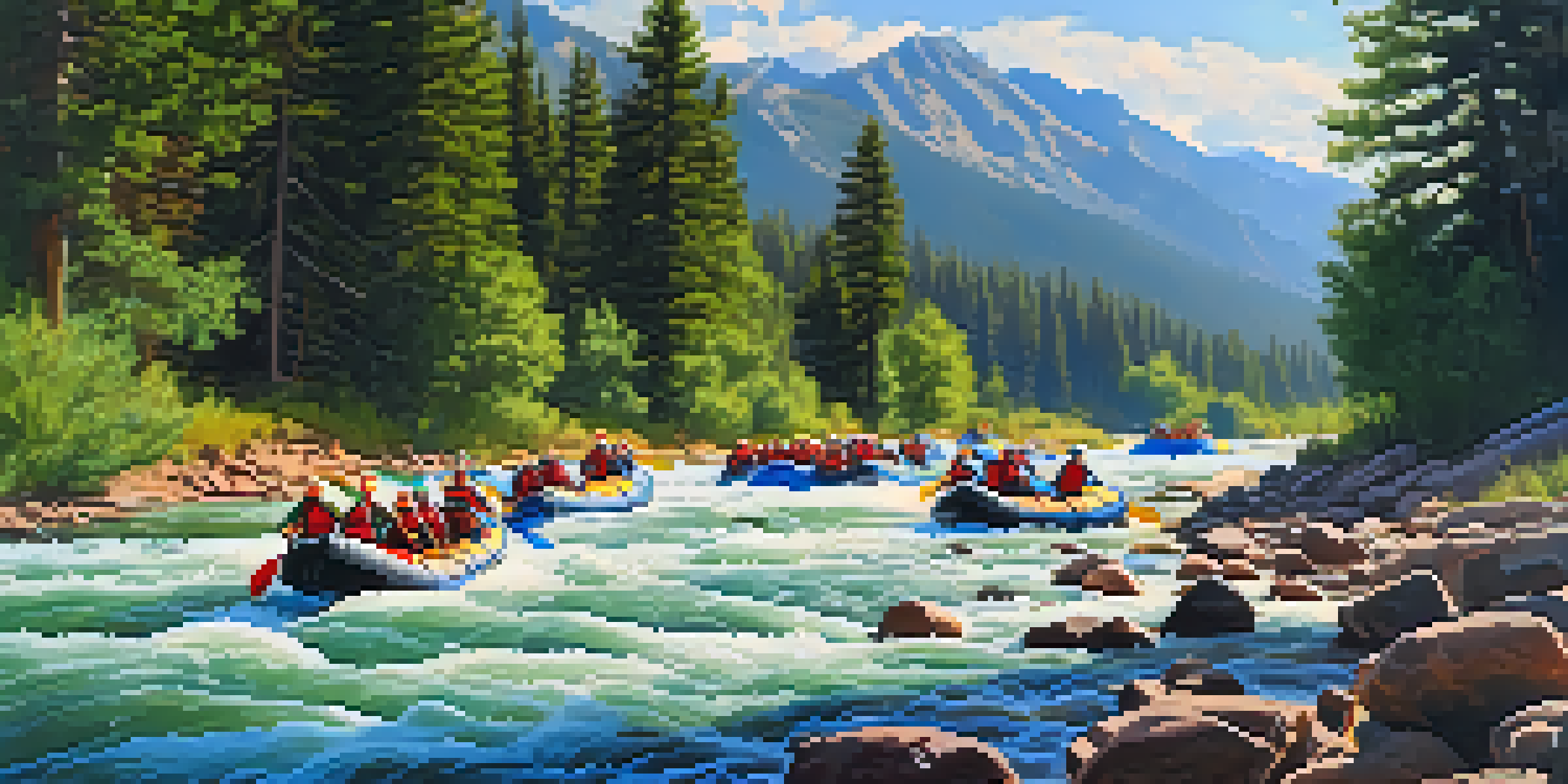 Rafters navigating through rapids on the St. Vrain River with green trees and rocky mountains in the background under a sunny blue sky.